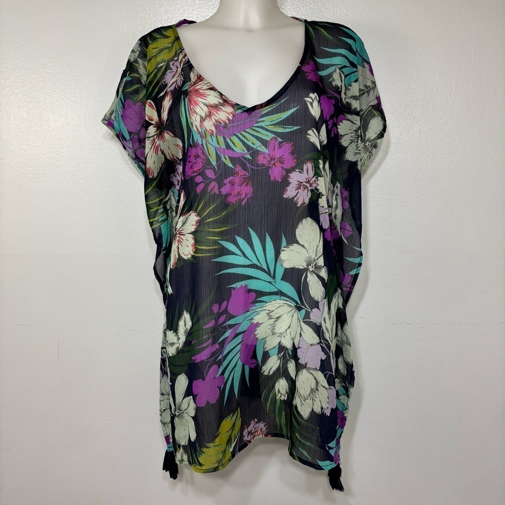 Kona Sol Beachy Sheer Tropical Floral Print Swim Cover-Up Size S